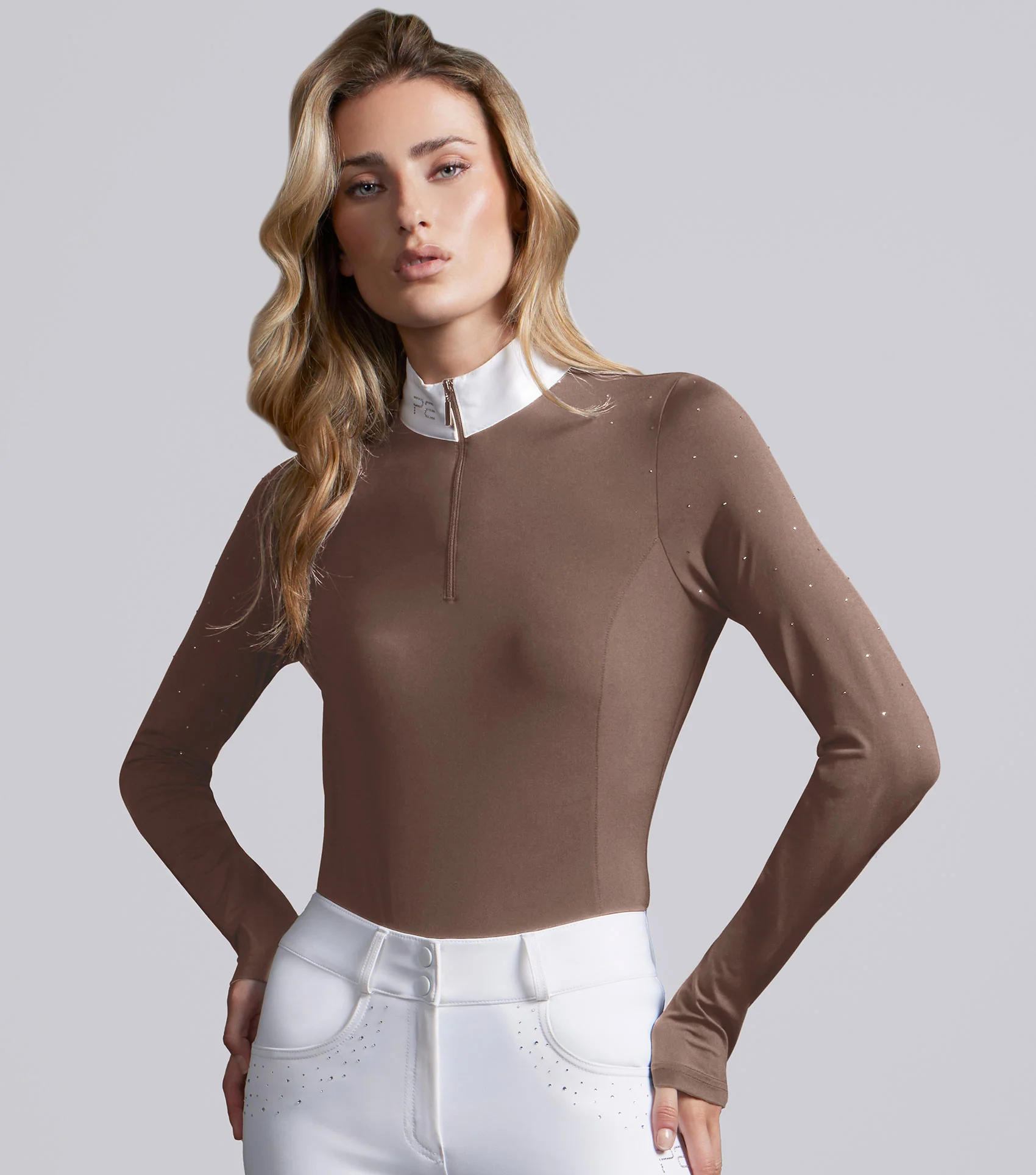 Cristalli Womens Long Sleeve Competition Shirt Mocha Latte