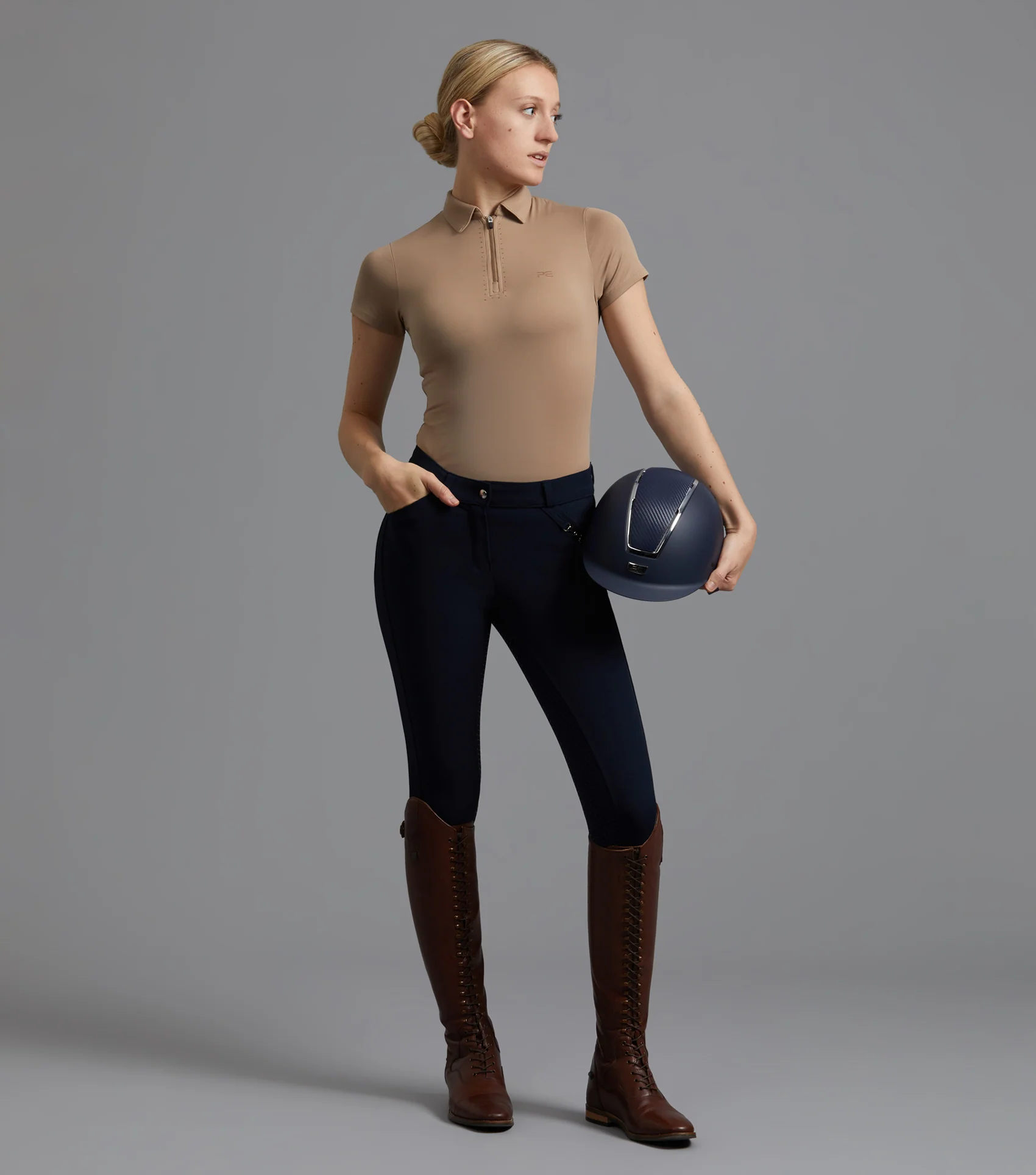 SALE - Scintillo Ladies Short Sleeve Riding Top Beige - Image 6